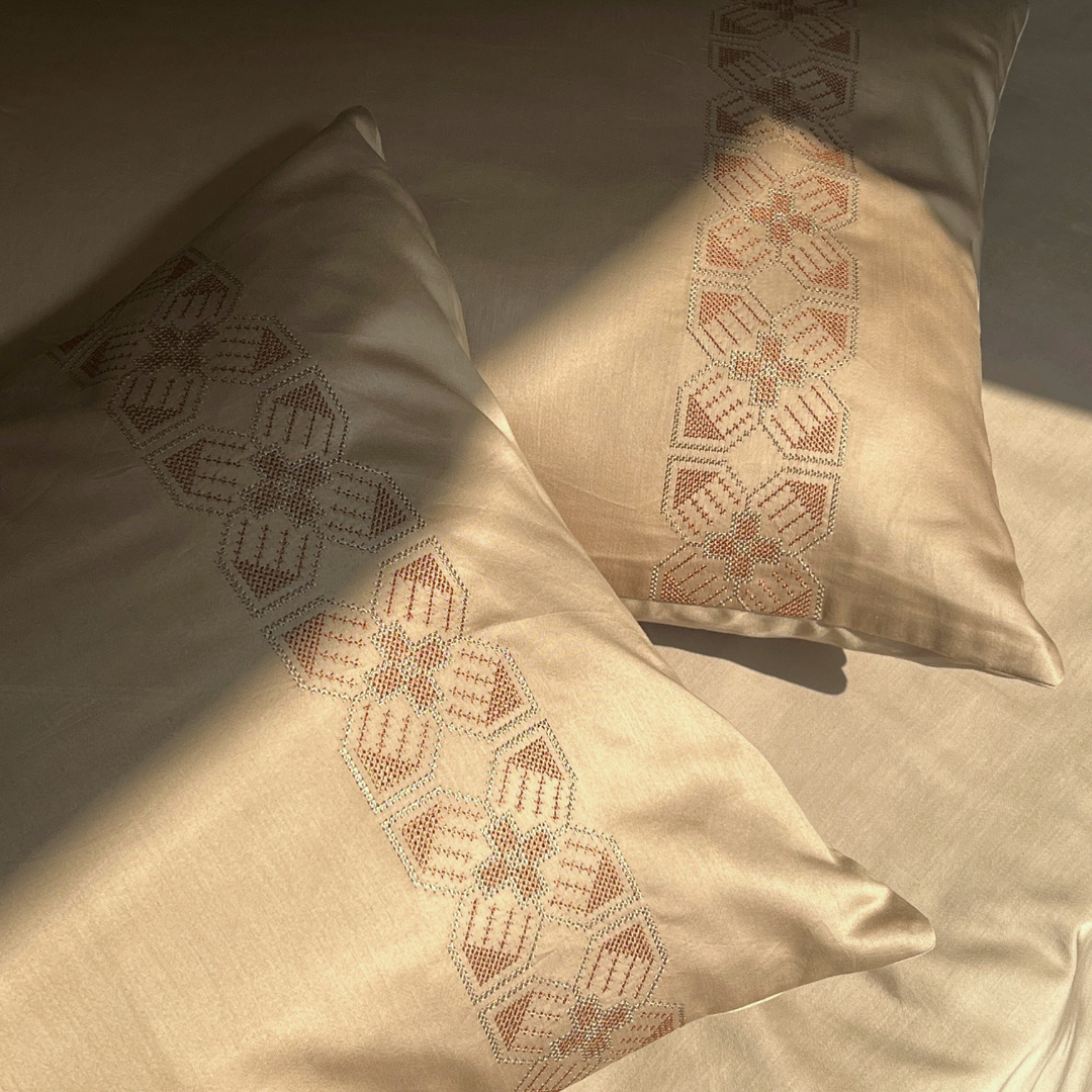 Allure sand bedsheet set styled on bed