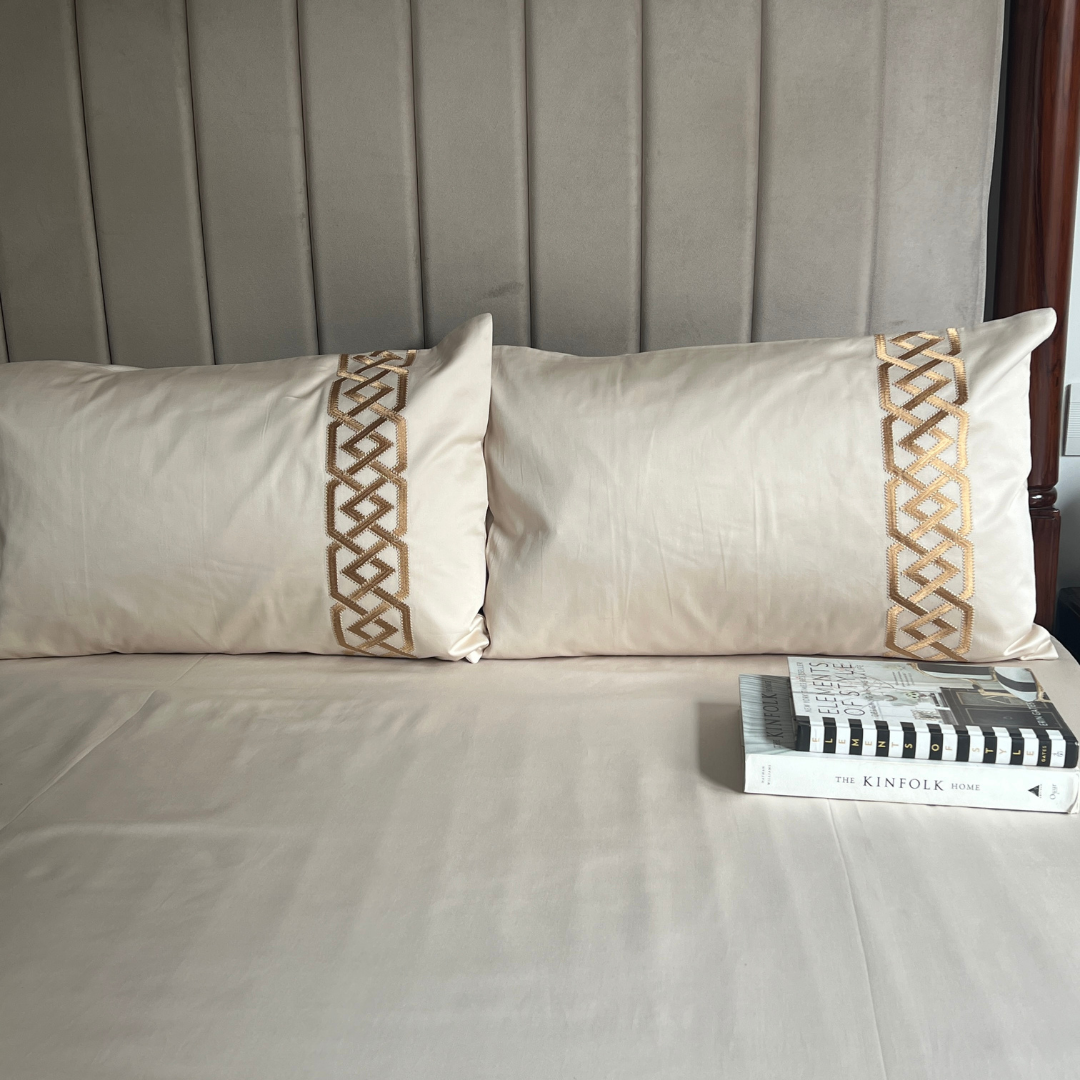 Full bed styled with Austin oats beige Dreams bedsheet set