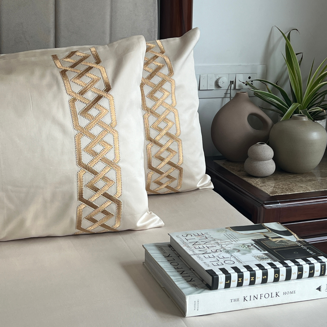 Austin oats beige bedsheet set styled on bed