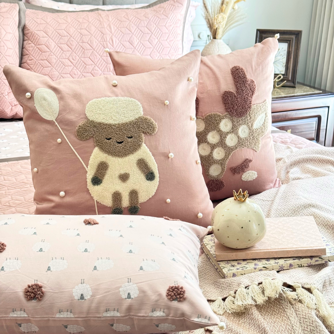 Wooly Wonder Cotton Embroidered Rose Cushion Cover Kids Design 16" X 16" - Elysian Home Decor