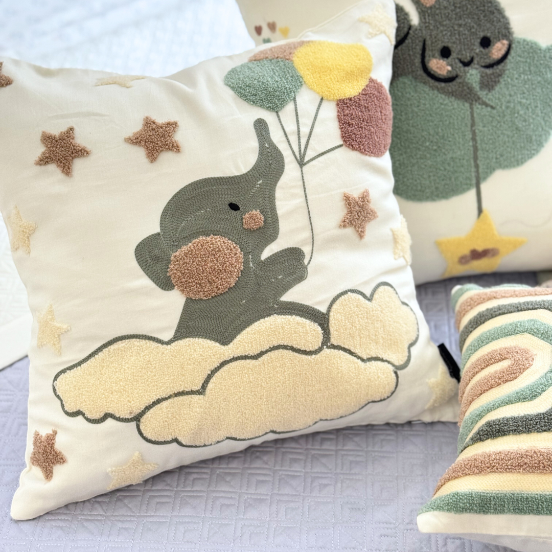 Baby Elph Cotton Embroidered Ivory Cushion Cover Kids Design 16" X 16" - Elysian Home Decor