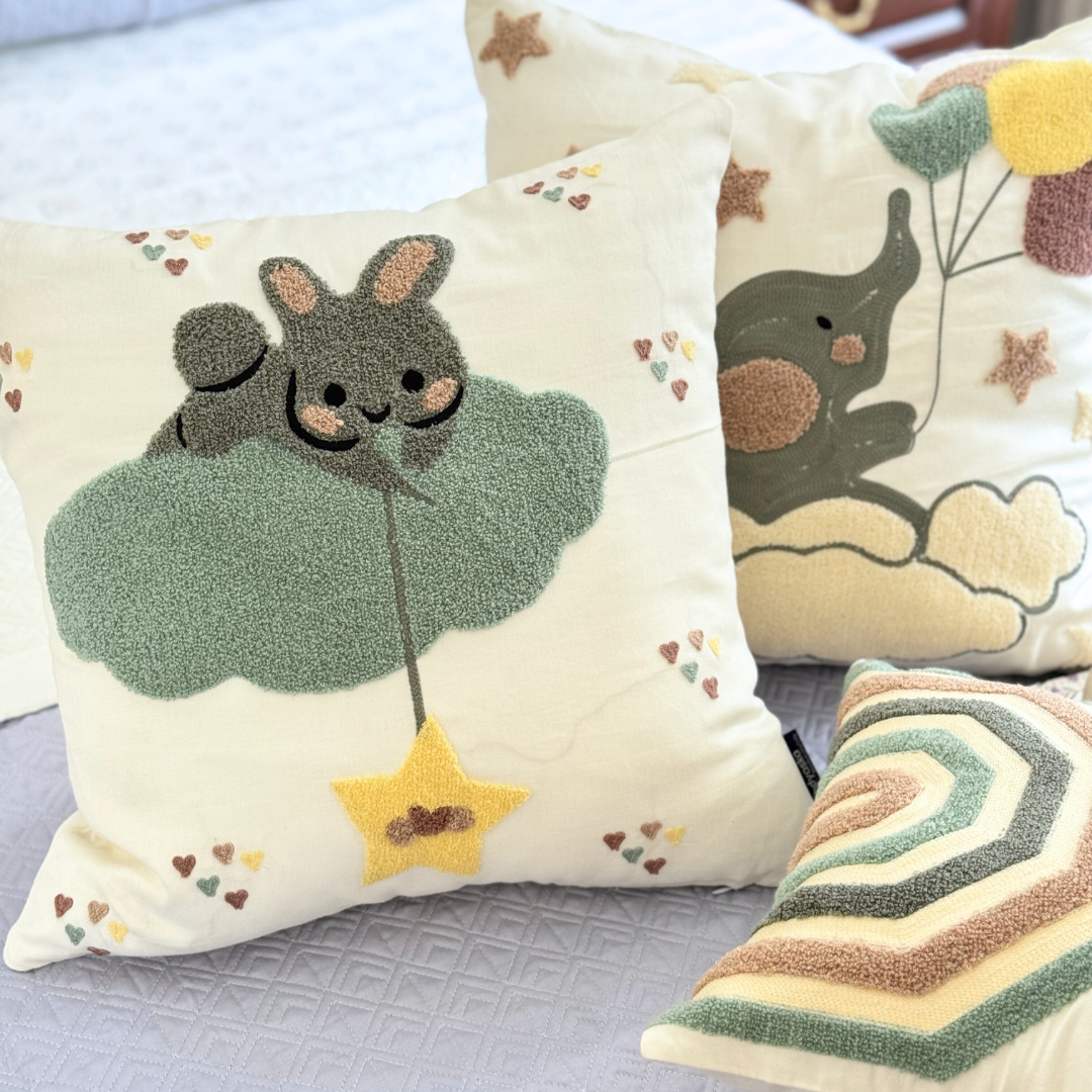 Bunny Cotton Embroidered Ivory Cushion Cover Kids Design 16" X 16" - Elysian Home Decor