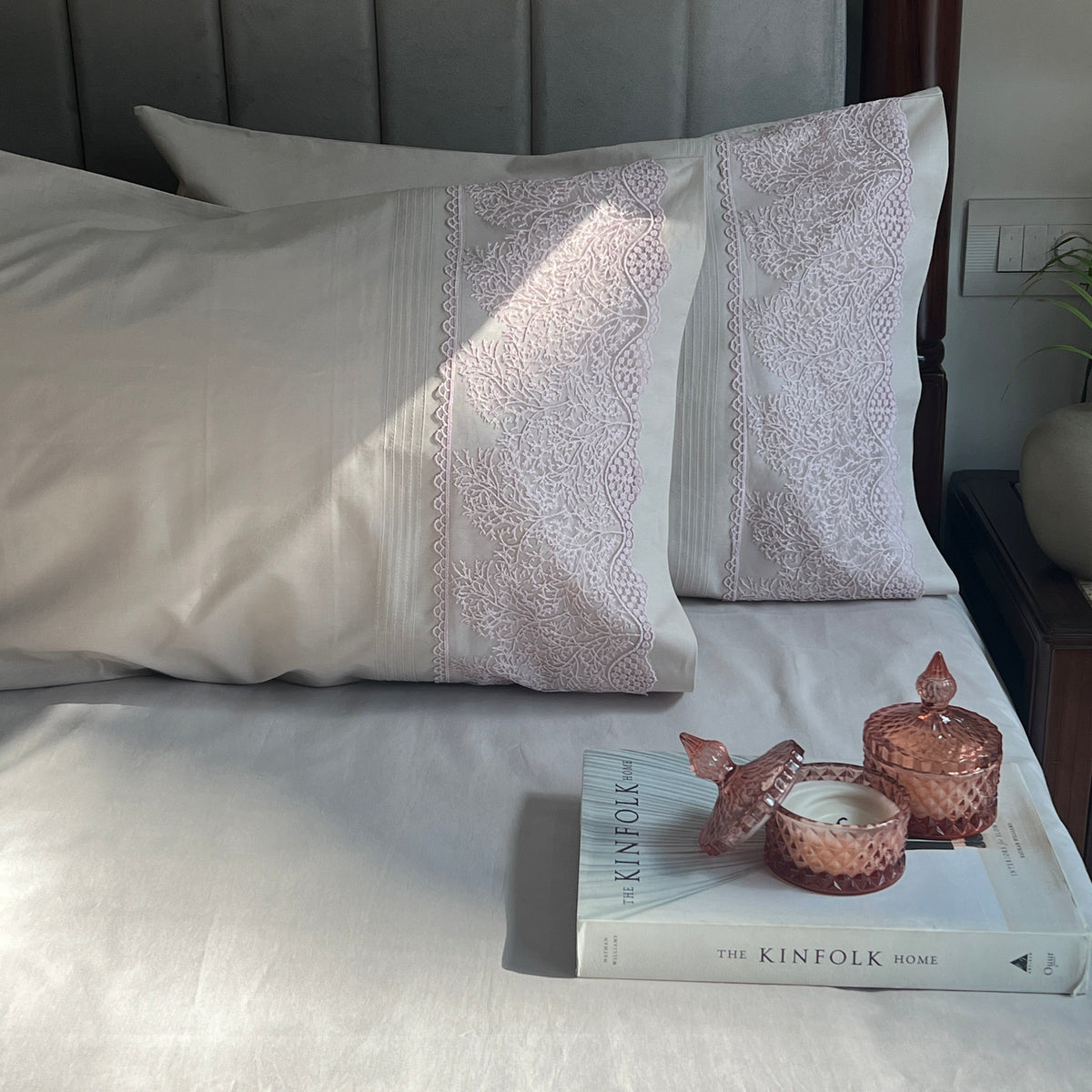 Almond beige Chantilly bedsheet set styled on bed