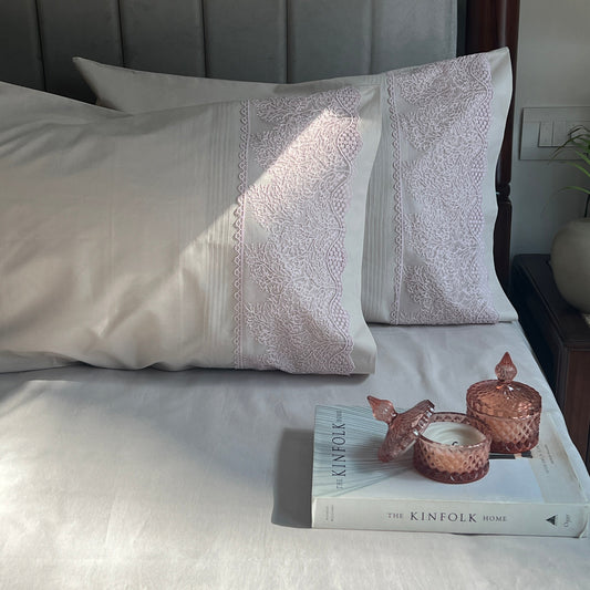 Almond beige Chantilly bedsheet set styled on bed
