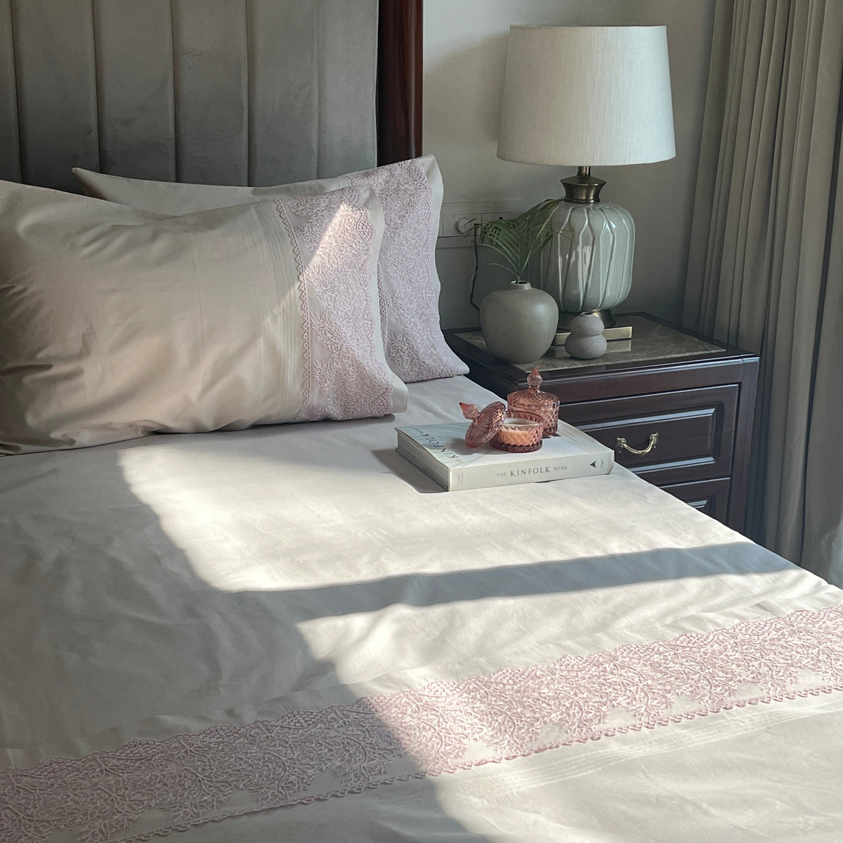 Chantilly almond beige bedsheet corner pleat detail