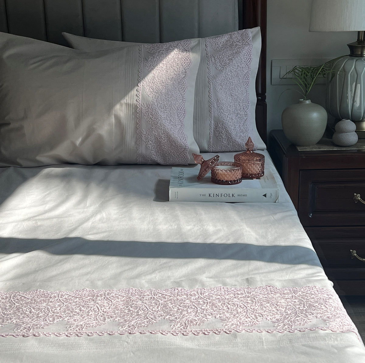 Chantilly almond beige percale fabric texture close-up