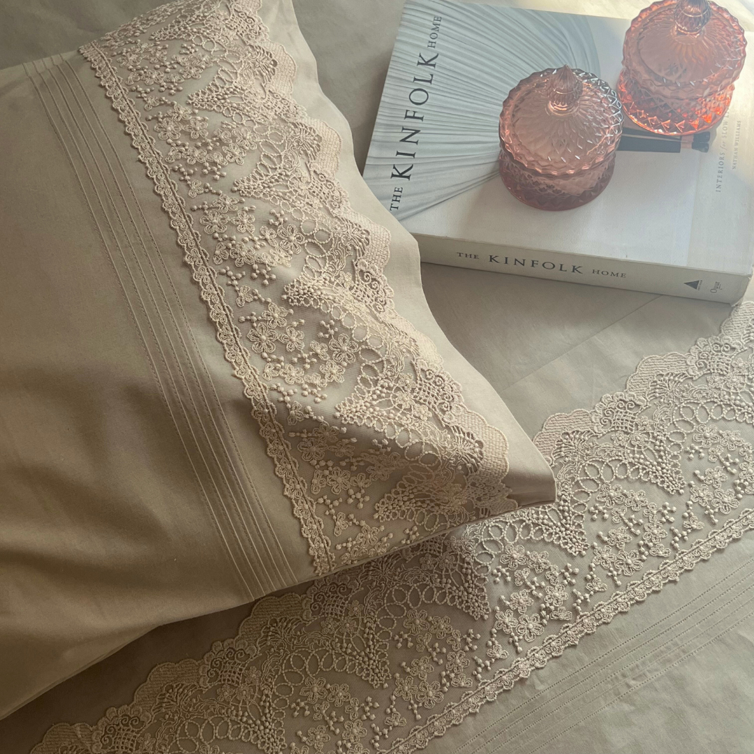 Chantilly desert beige bedsheet set styled on bed