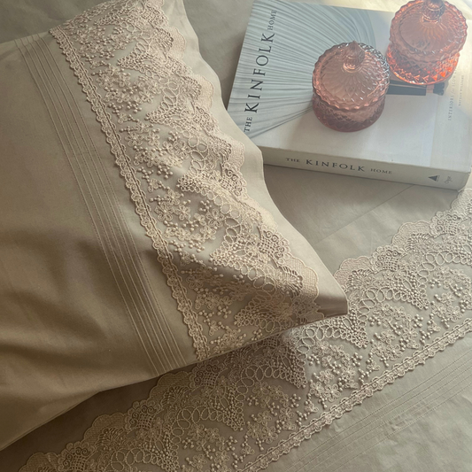 Chantilly desert beige bedsheet set styled on bed