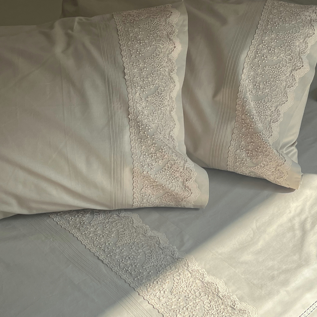 Chantilly desert beige bedsheet pleat detail
