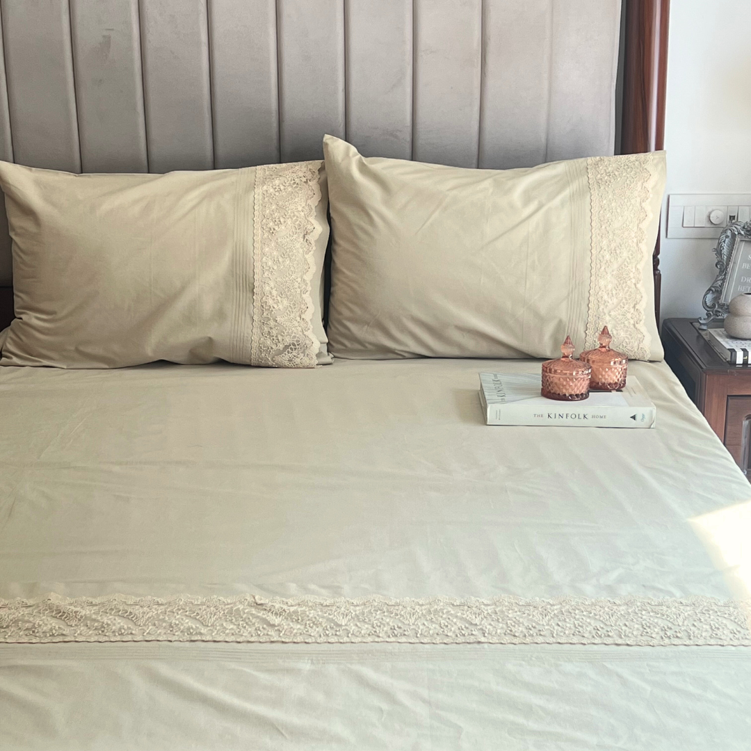 Full bed styled with desert beige Chantilly bedsheet set