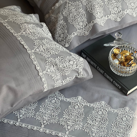 Chantilly elephant grey bedsheet set styled on bed