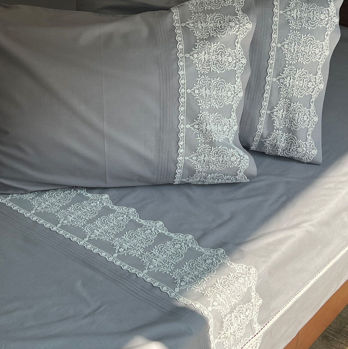 Chantilly elephant grey bedsheet pleat detail