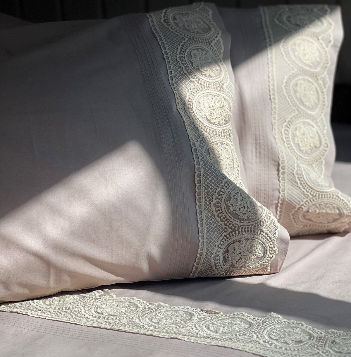 Chantilly mocha bedsheet set styled on bed