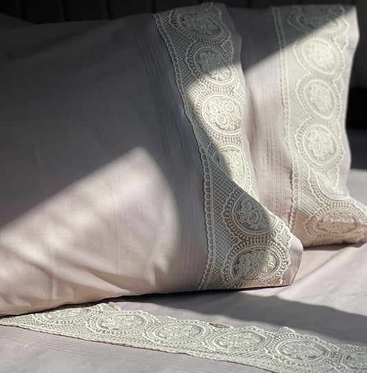 Chantilly mocha bedsheet set styled on bed