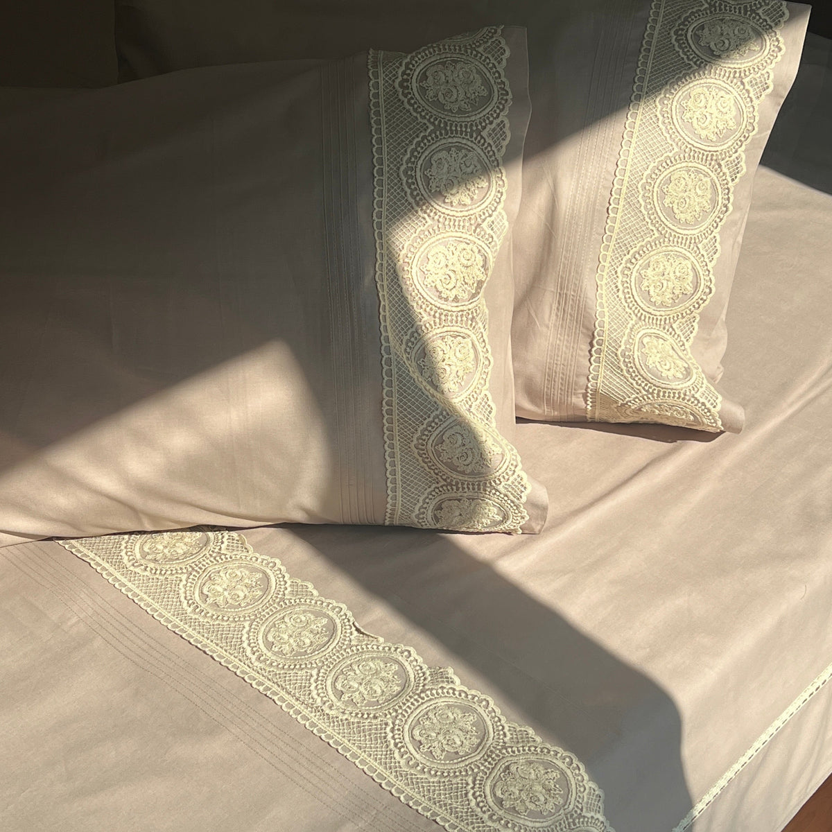 Chantilly mocha bedsheet set folded flat