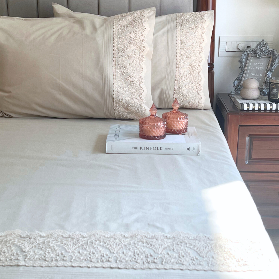 Chantilly oats beige bedsheet set styled on bed