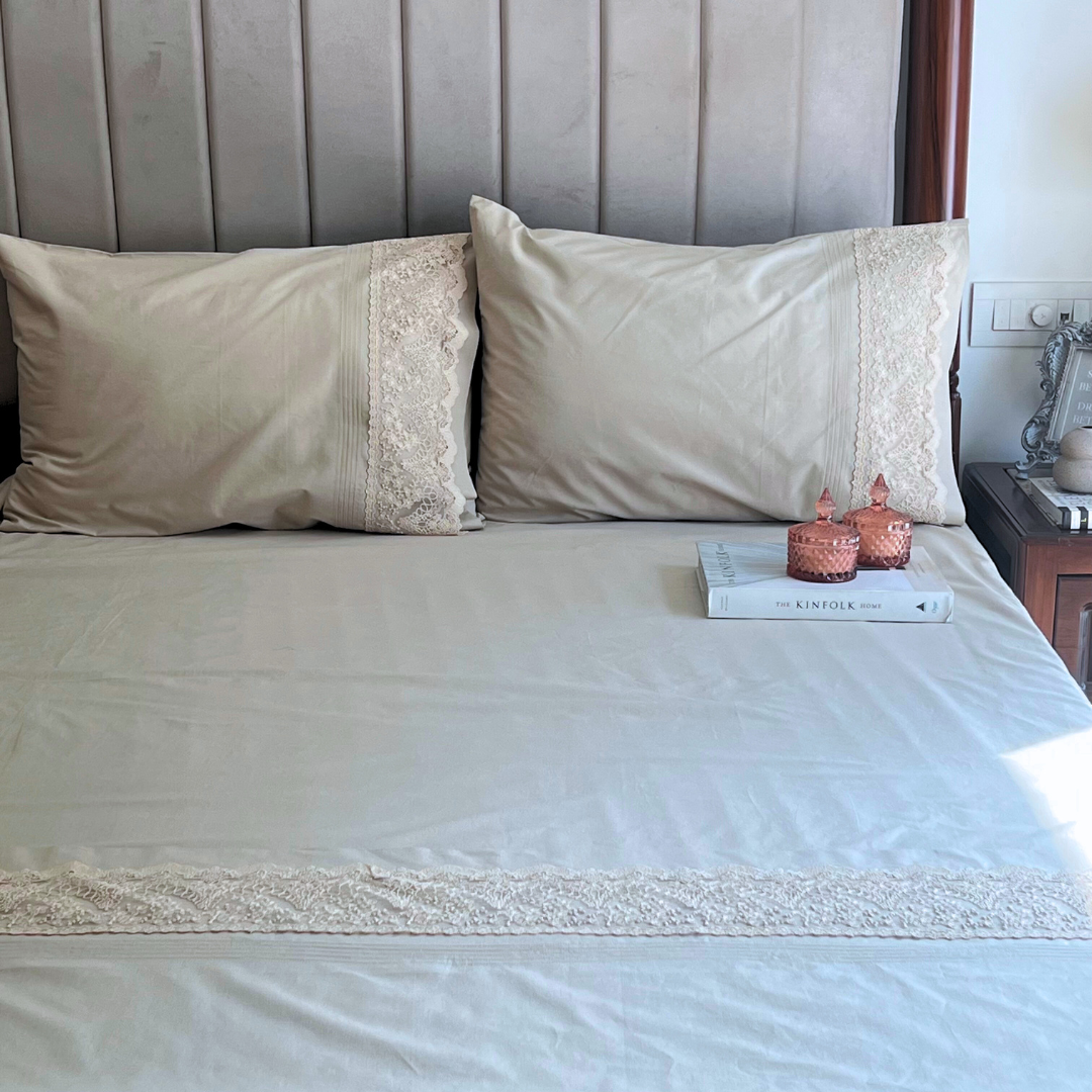 Full bed styled with oats beige Chantilly bedsheet set
