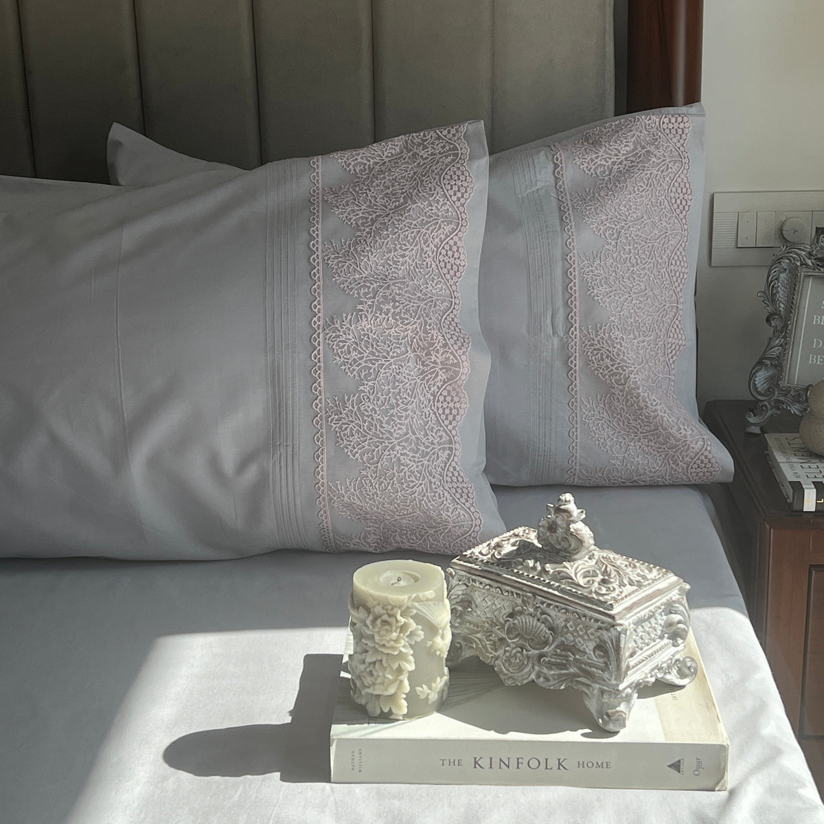 Chantilly pearl grey bedsheet set styled on bed