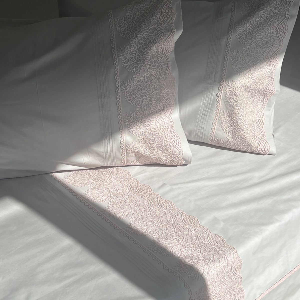 Chantilly pearl grey bedsheet pleat detail