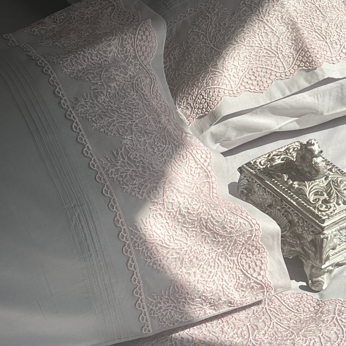 Full bed styled with pearl grey Chantilly bedsheet set