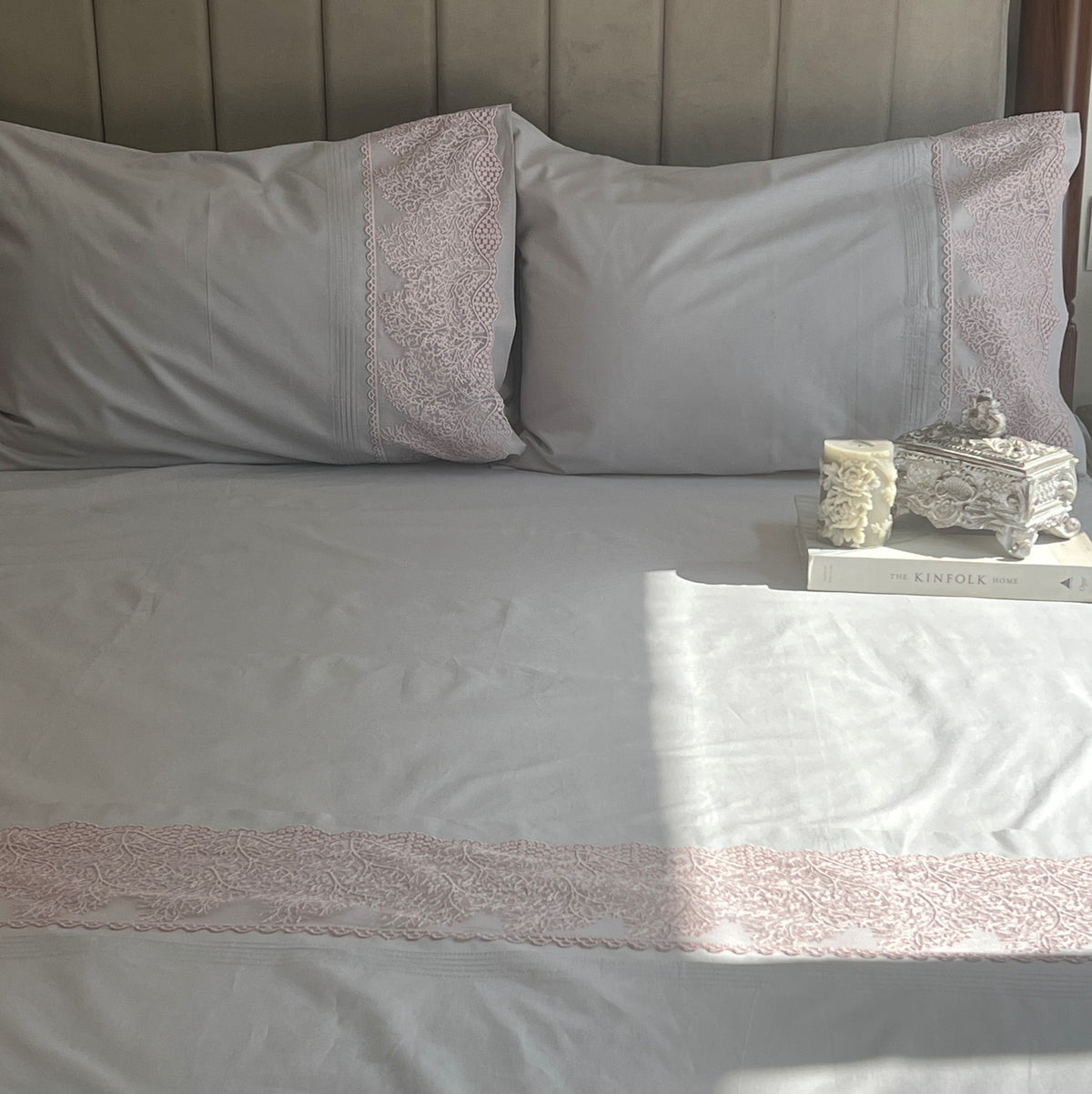 Chantilly pearl grey percale fabric texture close-up