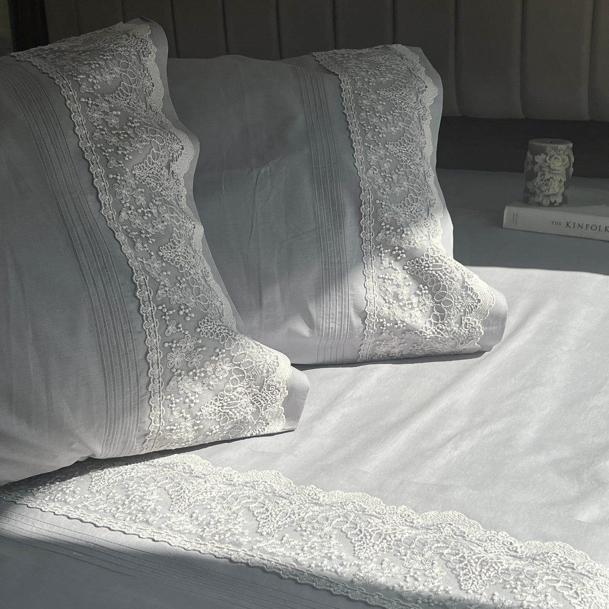 Chantilly slate bedsheet pleat detail