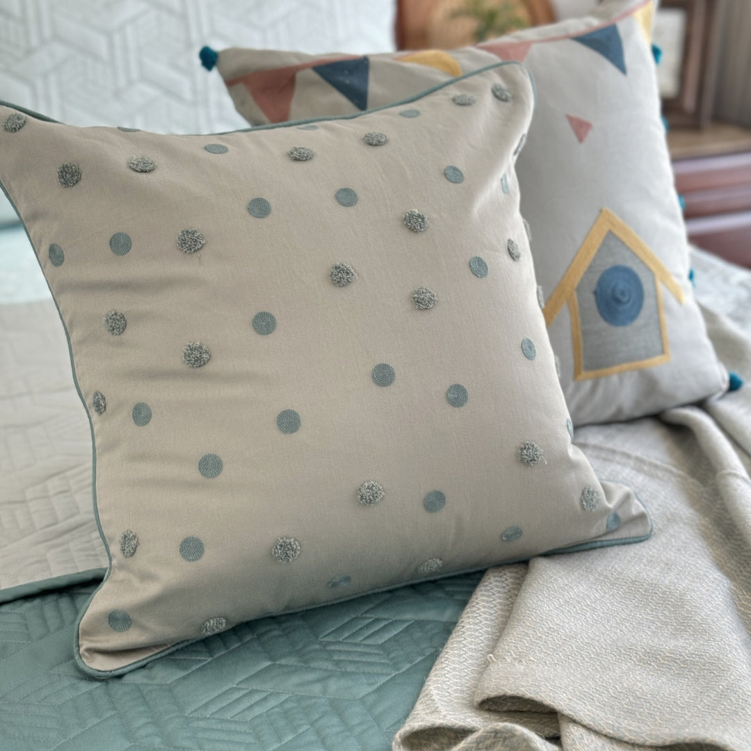Polka Delight Cotton Embroidered Sage Green Cushion Cover Kids Design 16" X 16" - Elysian Home Decor