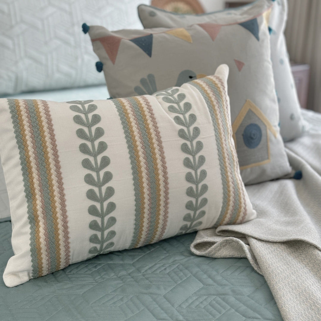 Petite Petals Cotton Embroidered Ivory Cushion Cover Kids Design 12" X 18" - Elysian Home Decor