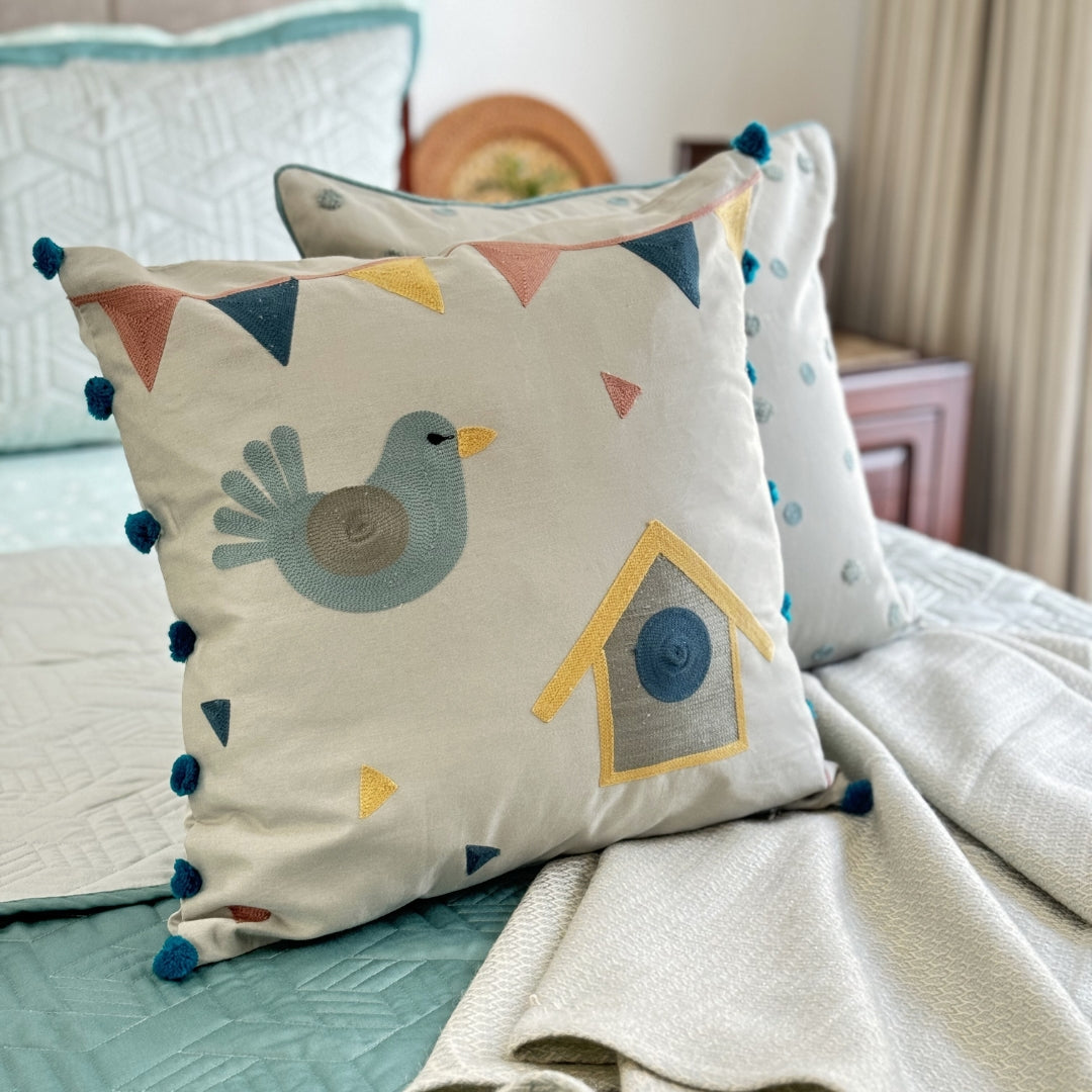 Birdie Cotton Embroidered Sage Green Cushion Cover Kids Design 16" X 16" - Elysian Home Decor