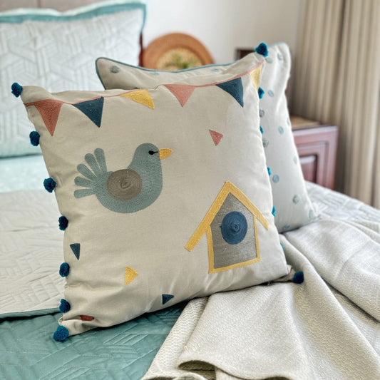 Birdie Cotton Embroidered Sage Green Cushion Cover Kids Design 16" X 16" - Elysian Home Decor