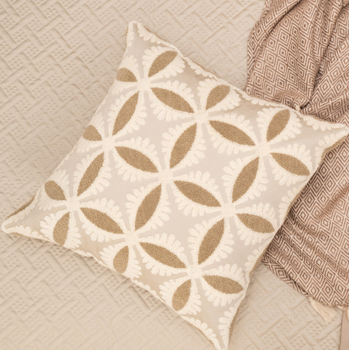 Botanical Bliss Cotton Embroidered Beige Cushion Cover 16" X 16" - Elysian Home Decor