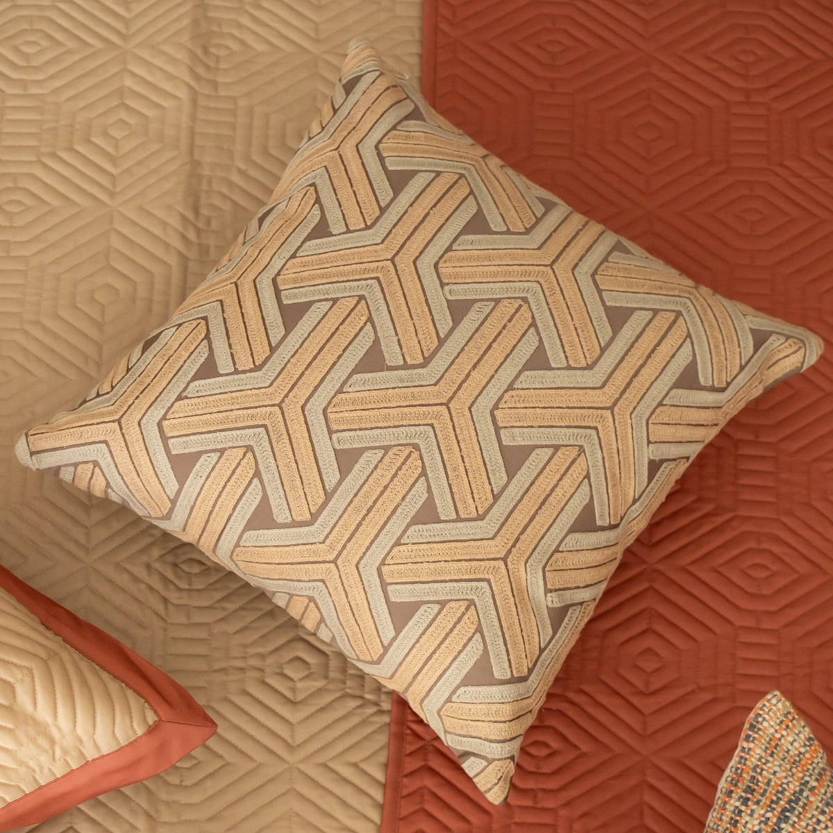 TRELLIS Cotton Embroidered Ivory Cushion Cover 16" X 16" - Elysian Home Decor
