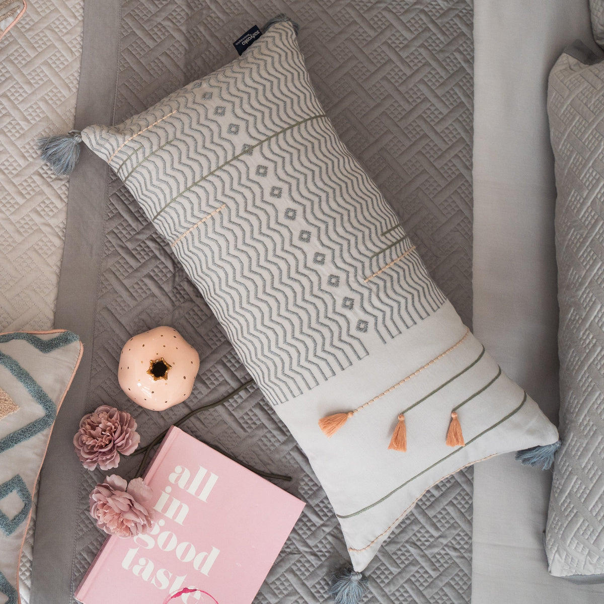 Bohochic Cotton Embroidered Grey Cushion Cover 12" X 24" - Elysian Home Decor