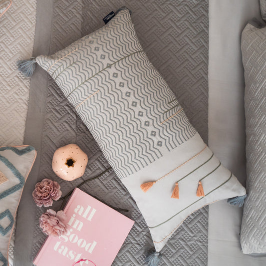 Bohochic Cotton Embroidered Grey Cushion Cover 12" X 24" - Elysian Home Decor