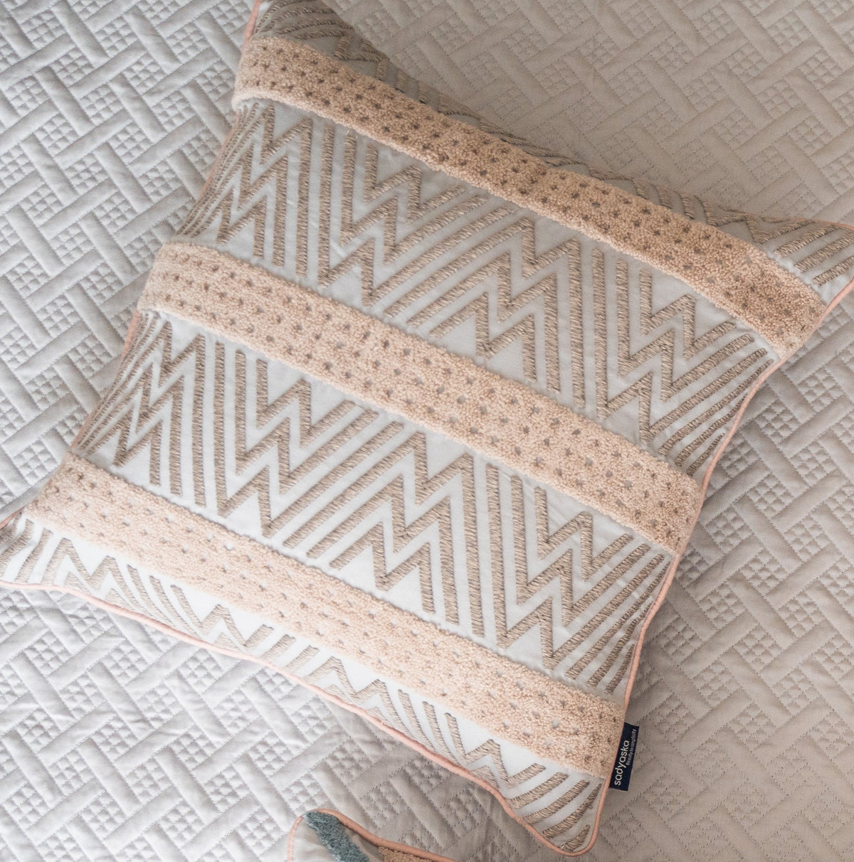 Chevron Fusion Cotton Embroidered Grey Cushion Cover 16" X 16" - Elysian Home Decor