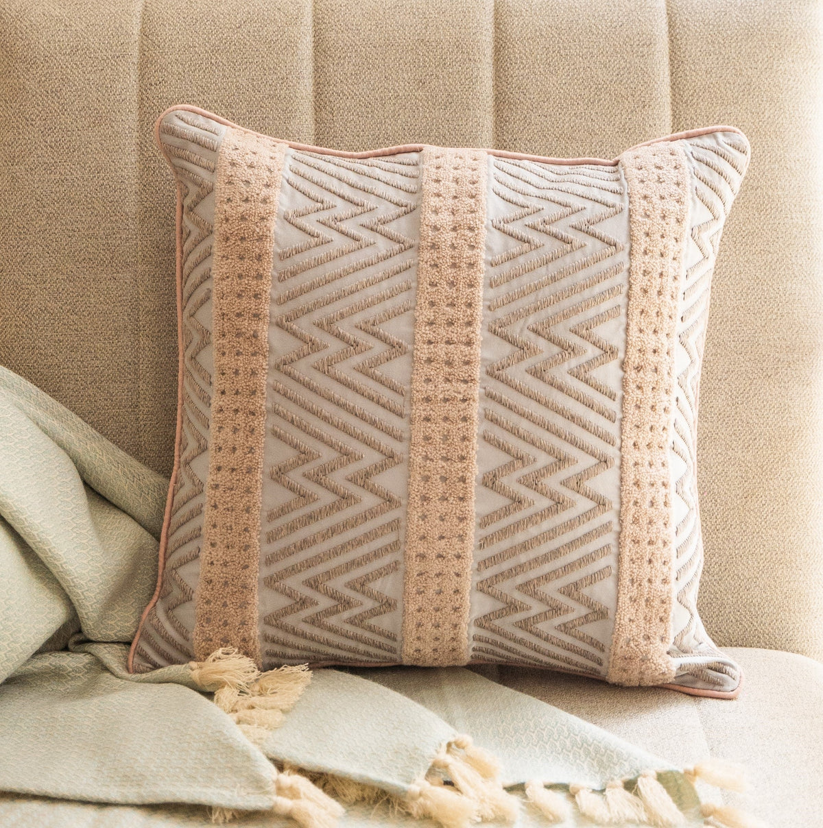 Chevron Fusion Cotton Embroidered Grey Cushion Cover 16" X 16" - Elysian Home Decor