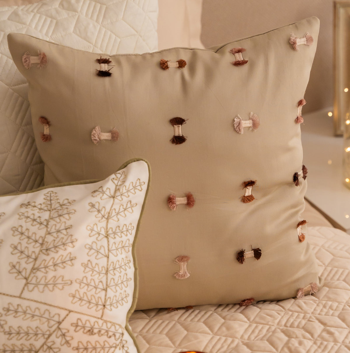 Tranquille Cotton Embroidered Beige Cushion Cover 16" X 16" - Elysian Home Decor