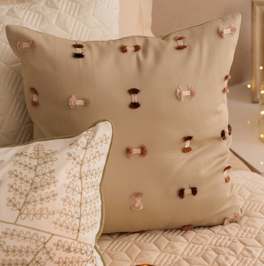 Tranquille Cotton Embroidered Beige Cushion Cover 16" X 16" - Elysian Home Decor