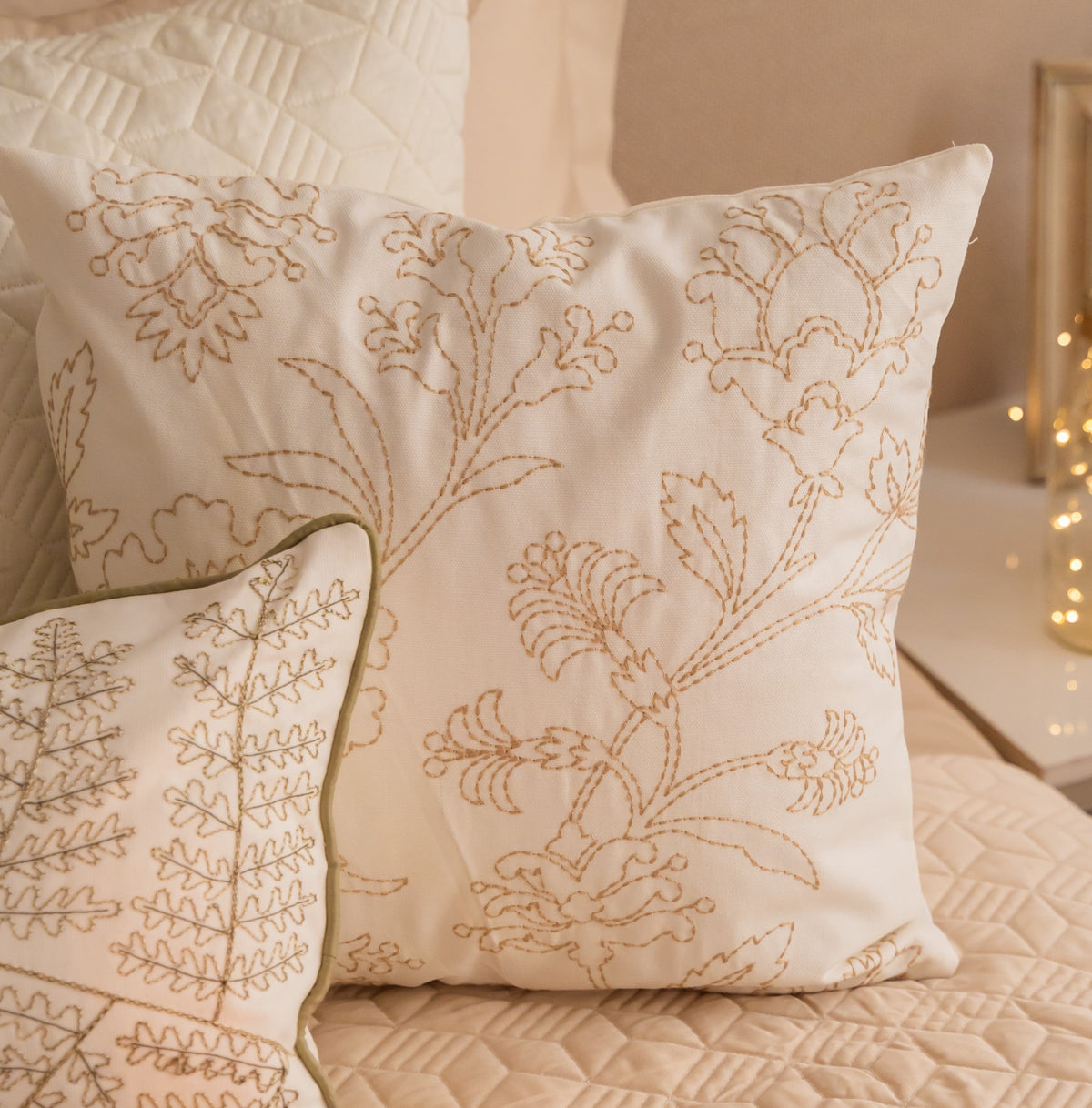Leafy Retreat Cotton Embroidered Ivory Cushion Cover 16" X 16" - Elysian Home Decor