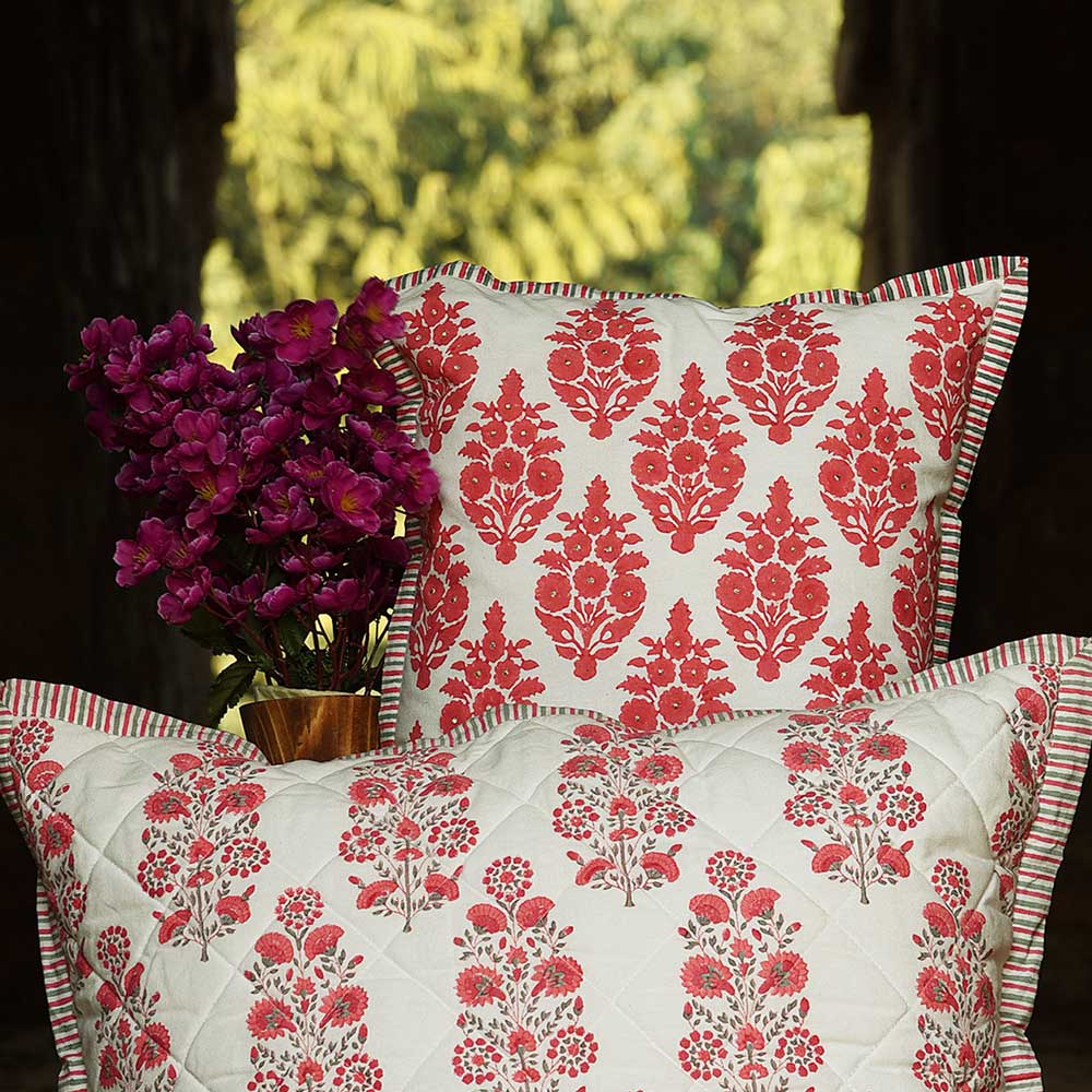 Butah Jaal Hand Block Print Cushion Cover 16"x16" Pink Floral Printed Pattern Cushion Case - Elysian Home Decor