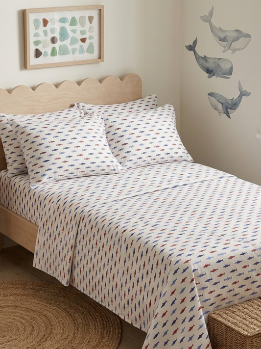 Deep Sea Ivory Printed Cotton Kids Bedsheet Set - Elysian Home Decor