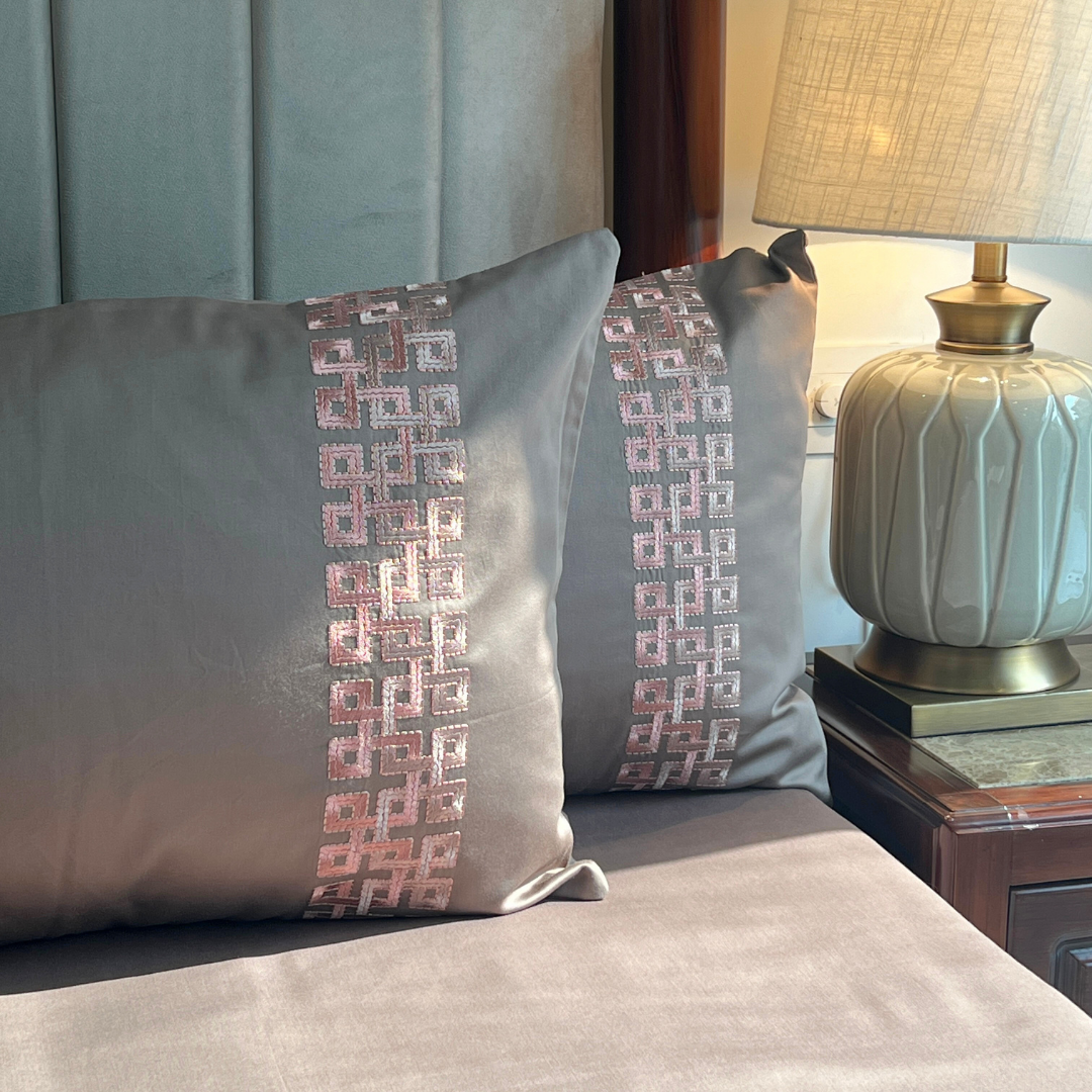 Full bed styled with Evara taupe Dreams bedsheet set