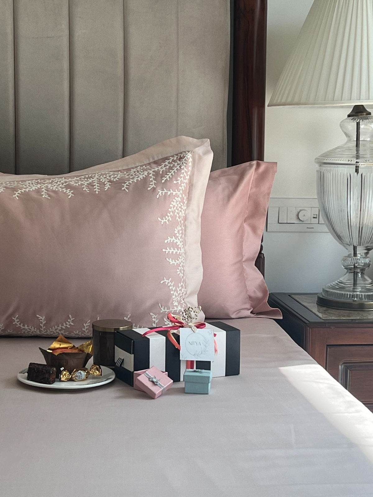 Faith rose and buff 5-piece bedsheet set styled on bed