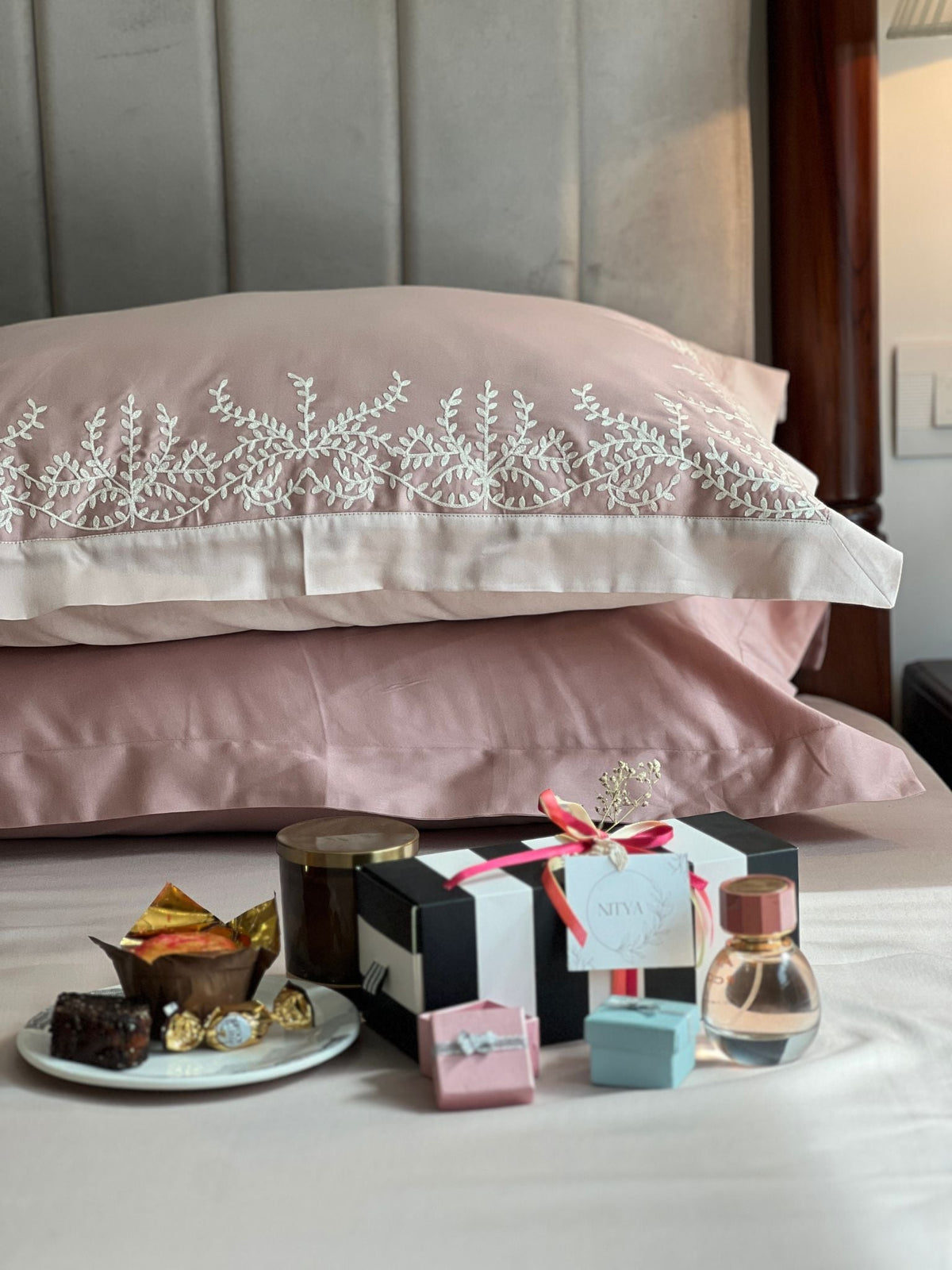 Faith rose buff bedsheet folded with pillow covers
