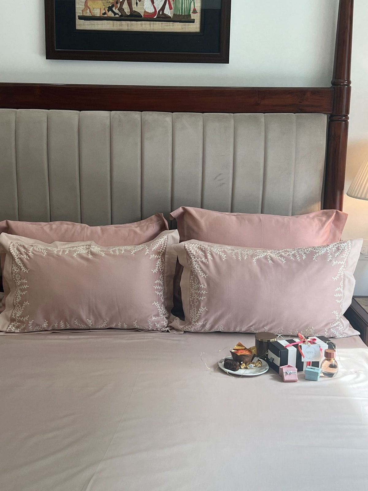 Full bed styled with Faith rose buff Desire bedsheet set