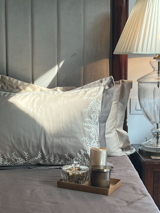 Faith sand taupe 5-piece bedsheet set styled on bed