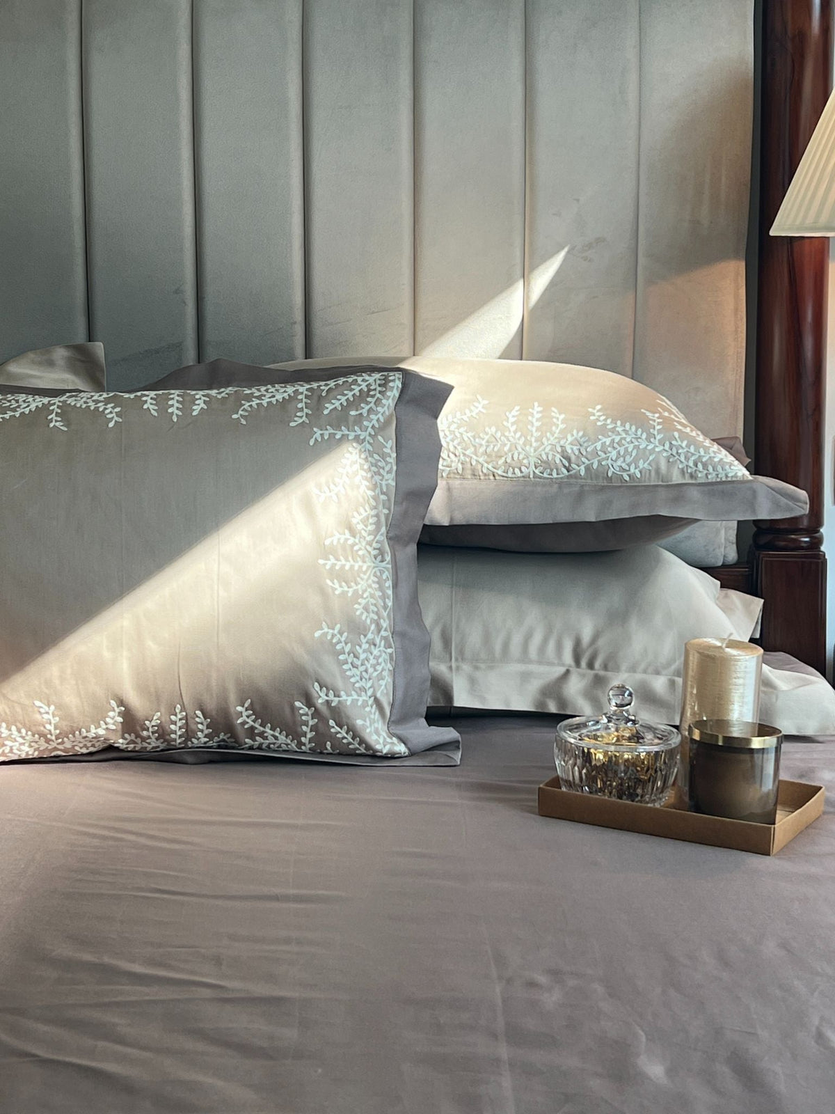 Full bed styled with Faith sand taupe Desire bedsheet set