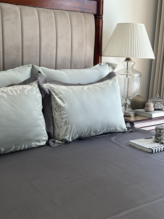 Faith Sage Green Elephant Grey Desire Cotton Bedsheet Set (5 PC Set) - Elysian Home Decor