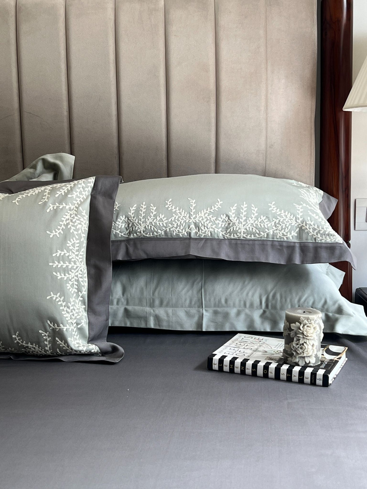 Faith Sage Green Elephant Grey Desire Cotton Bedsheet Set (5 PC Set) - Elysian Home Decor
