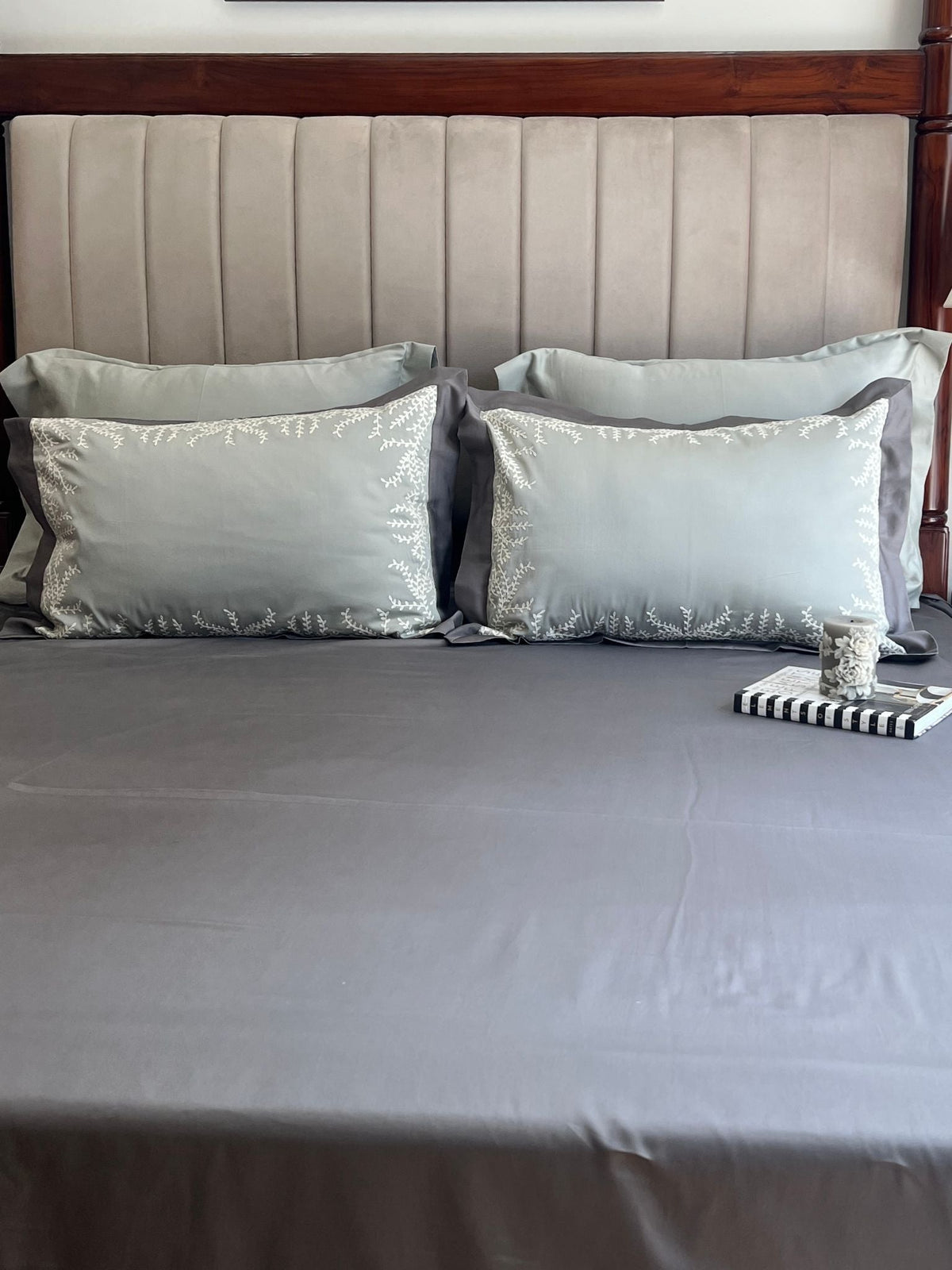 Faith Sage Green Elephant Grey Desire Cotton Bedsheet Set (5 PC Set) - Elysian Home Decor